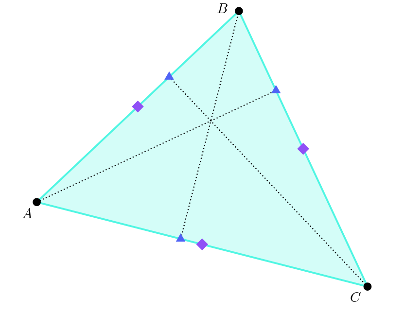 A triangle with vertices labelled A, B, C and midpoints and altitude feet of each side shown. All the altitude feet lie on sides of the triangle.