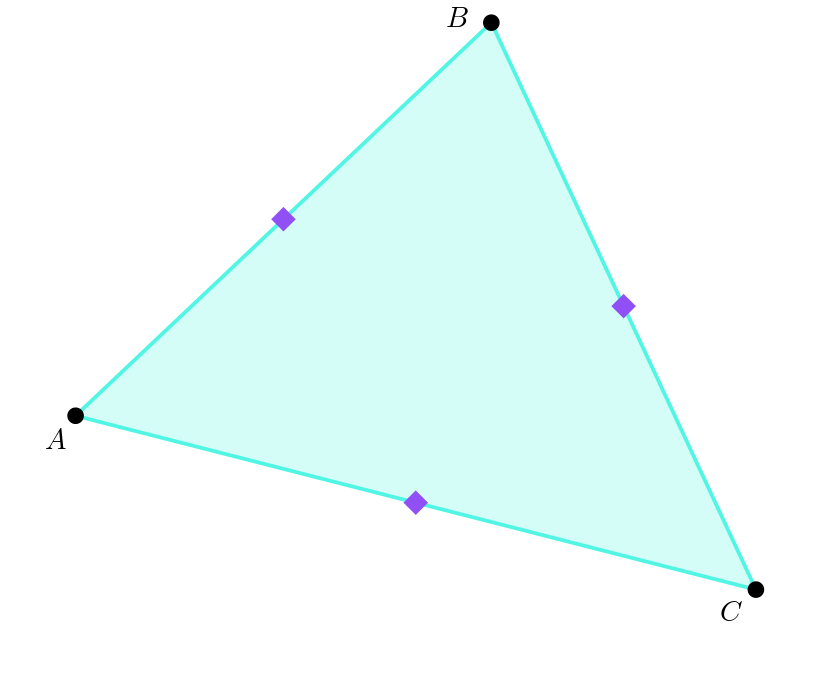 A triangle with vertices labelled A, B, C and midpoints of each side shown